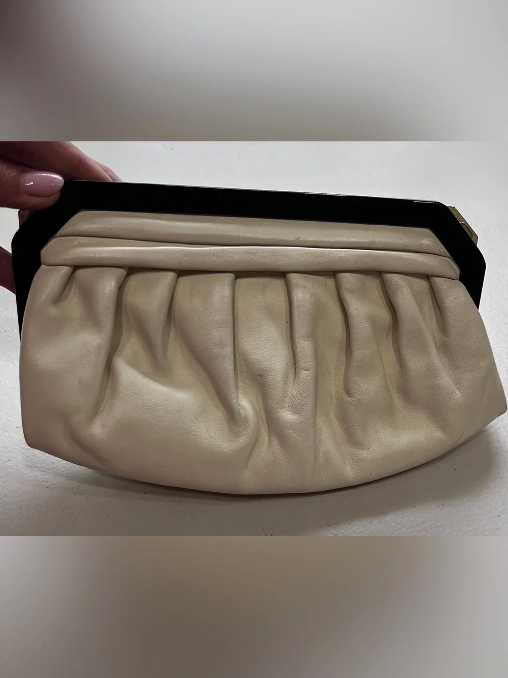 Bally Vintage Ivory Leather Frame Clutch Bag Black Resin Frame Gold Hardware